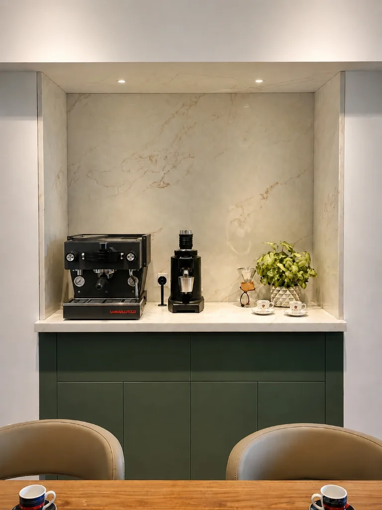 A dedicated barista-grade espresso station with La Marzocco machine and coffee grinder